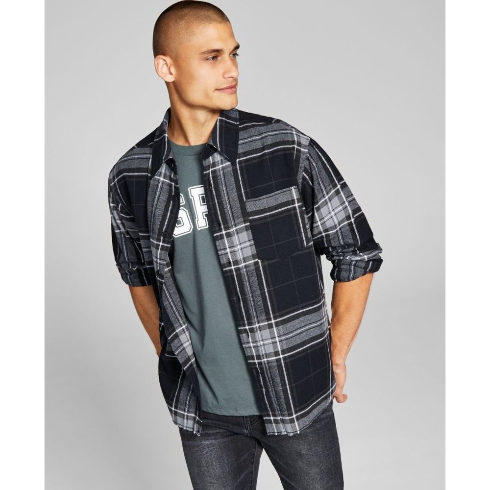 And Now This Mens Flannel Plaid‎ Button-Down Shirt, Black/White, Size M, NWT